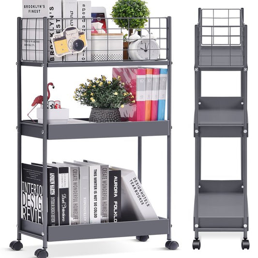 KINGRACK Slim Storage Cart,3-Tier Metal Utility Rolling Cart with Wheels-Gray,RY810076-G