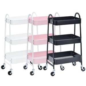 3-Tier Utility Rolling Cart with Large Storage and Metal Wheels WK130839 (PINK/WHITE/BLACK, 3-COLORS AVAILABLE)