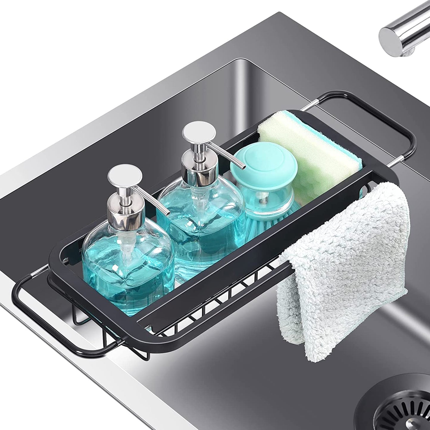 KINGRACK Expandable Sink Caddy, Sink Drying Rack with Dish Towel Bar, Over The Sink Adjustable Sink Organizer for Kitchen, Rustproof Sponge Holder Organizer wk810592